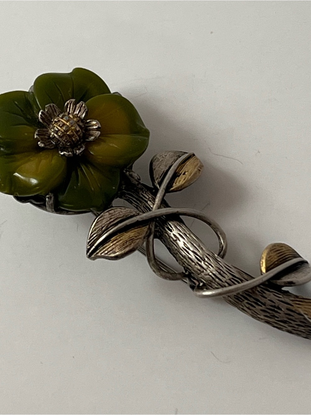 Vintage Signed Samo No 1073 Two Tone Green Enamel Flower Brooch Pin